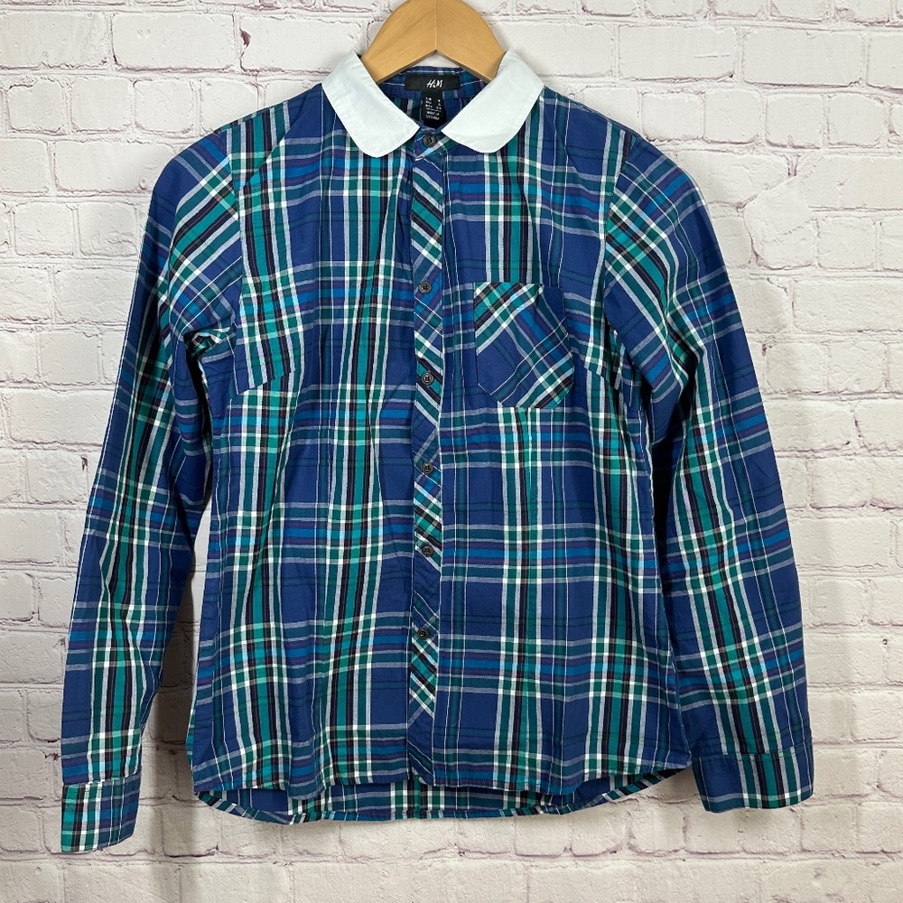 H&M Women's Long Sleeve Plaid Button Up Collared Shirt w/ Pocket Sz S Multicolor